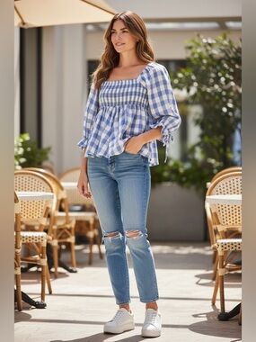 Entro Blue and White Gingham Square Neck Peplum Top